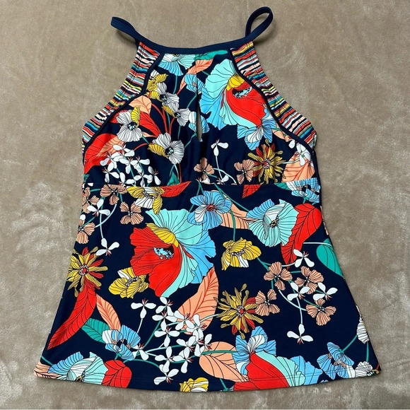 Ellen Tracy High Neck Keyhole Navy with Floral Tankini Top Size 8 - Picture 3 of 11